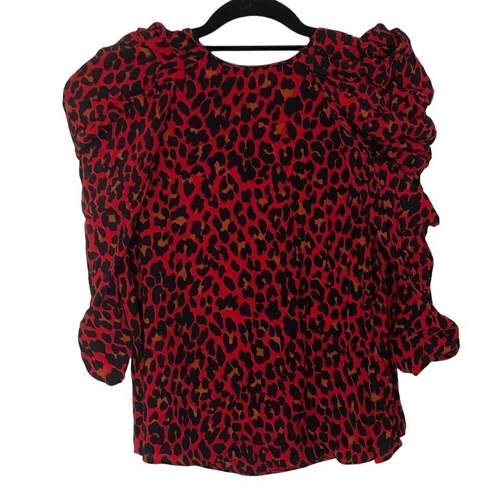 Zara Red Leopard Print Ruched Sleeve Top, Size XS - Picture 2 of 4